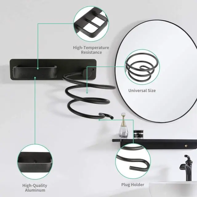 Alt view image 3 of 7 - Fanceey Aluminum Hair Dryer Holder Wall Mounted,Bathroom Hair Tool Organizer, Flat Iron,Curling Wand,Hair Straightener Blow Dryer Holder Rack (Black)