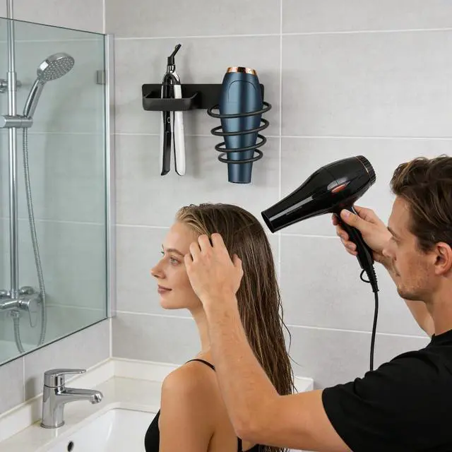 Alt view image 4 of 7 - Fanceey Aluminum Hair Dryer Holder Wall Mounted,Bathroom Hair Tool Organizer, Flat Iron,Curling Wand,Hair Straightener Blow Dryer Holder Rack (Black)