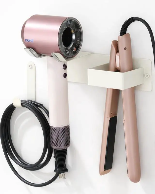 Main image of Hair Dryer and Straightener Holder, Hair Tool Organizer Wall Mount for Bathroom, Stainless Steel Straightener Holder, Blow Dryer Holder Adhesive/Drilling HairDryer Stand White UEMUSI