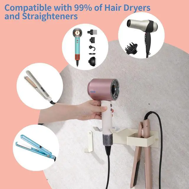 Alt view image 2 of 7 - Hair Dryer and Straightener Holder, Hair Tool Organizer Wall Mount for Bathroom, Stainless Steel Straightener Holder, Blow Dryer Holder Adhesive/Drilling HairDryer Stand White UEMUSI
