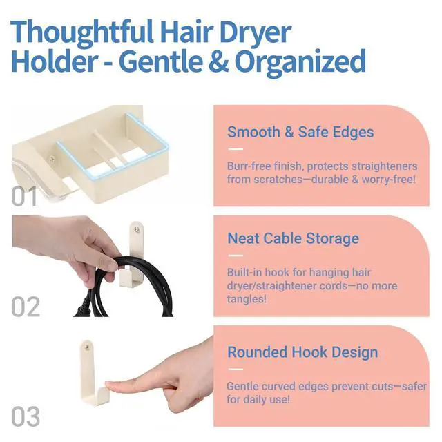 Alt view image 4 of 7 - Hair Dryer and Straightener Holder, Hair Tool Organizer Wall Mount for Bathroom, Stainless Steel Straightener Holder, Blow Dryer Holder Adhesive/Drilling HairDryer Stand White UEMUSI