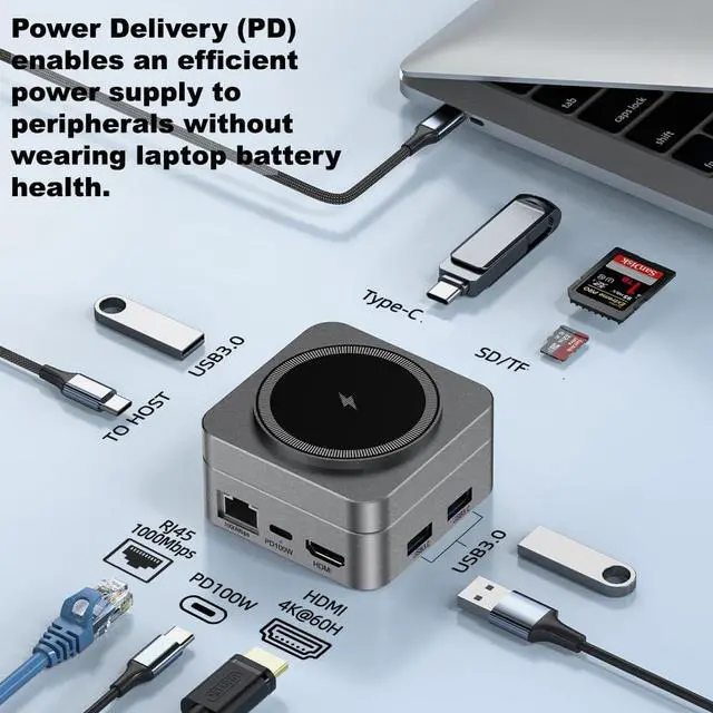 Alt view image 3 of 6 - 10-in-1 Portable USB-C Hub with Wireless Charger, 4K HDMI, Made with Aluminum Alloy Casing for Durability, Compatible with Mac, Windows, Compact and Lightweight USB C Docking Station for Travel