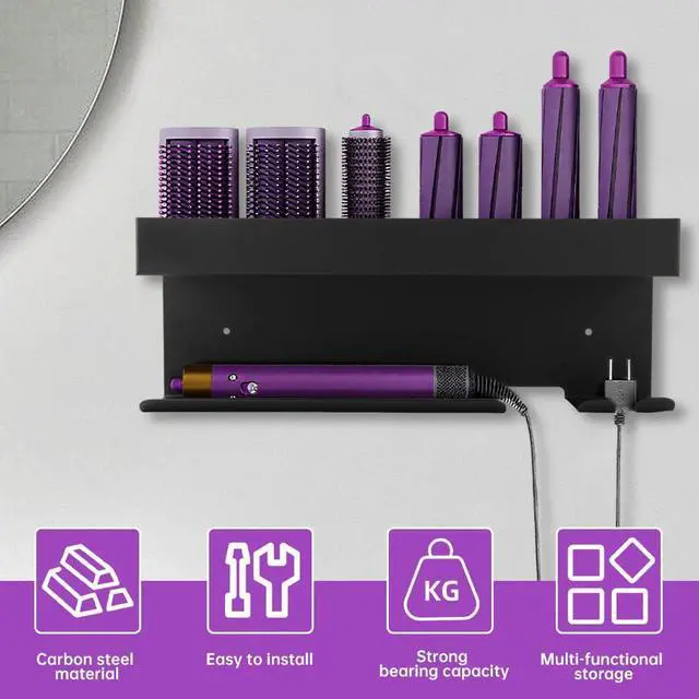 Alt view image 3 of 7 - Hair Dryer Holder Wall Mount, Adhesive Curling Iron Holder Organizer, Bathroom Hair Straightener Stand for Curling Iron Accessories Styler Attachments Organizer, Black