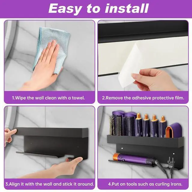 Alt view image 5 of 7 - Hair Dryer Holder Wall Mount, Adhesive Curling Iron Holder Organizer, Bathroom Hair Straightener Stand for Curling Iron Accessories Styler Attachments Organizer, Black