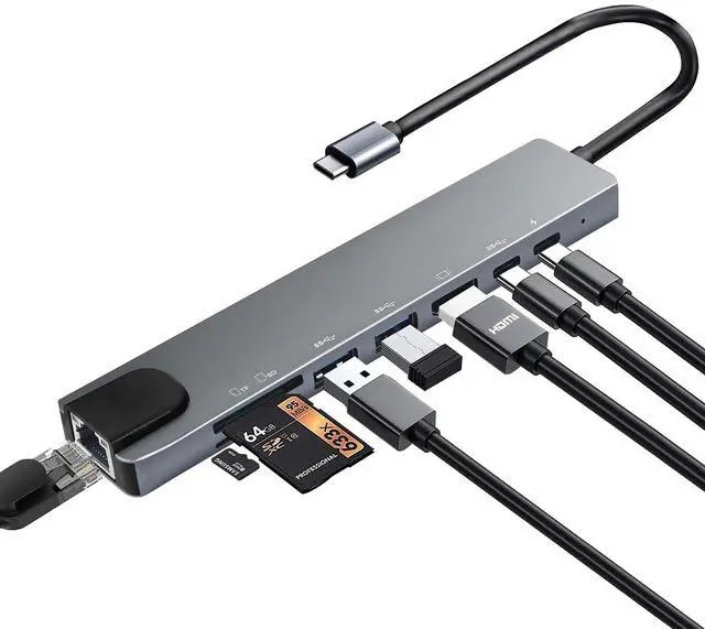 Main image of USB C Hub Multiport Adapter, 8 in 1 USBC Dongle with 4K HDMI, RJ45 Ethernet, 100W PD Charging, USB 3.0, SD/TF Card Reader, USB-C Docking Station for MacBook Pro/Air, Dell, HP and Other Type C Devices