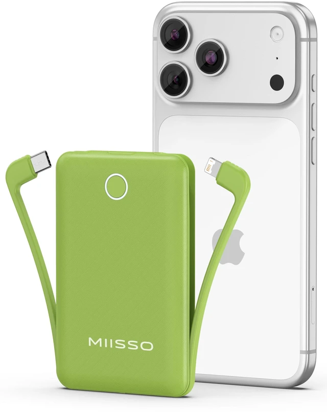 Main image of miisso 10000mAh Mini Portable Charger with Built in Cable, Green | Pocket Size Power Bank, Travel External Battery Pack for Phone, 3 Output, USB Type C Cord, Compatible with iPhone, Samsung