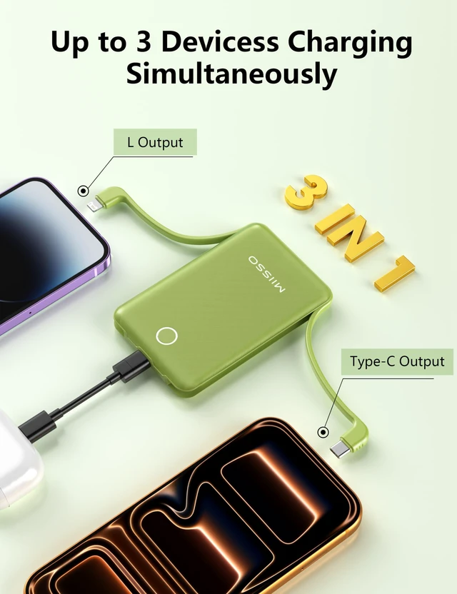 Alt view image 3 of 7 - miisso 10000mAh Mini Portable Charger with Built in Cable, Green | Pocket Size Power Bank, Travel External Battery Pack for Phone, 3 Output, USB Type C Cord, Compatible with iPhone, Samsung