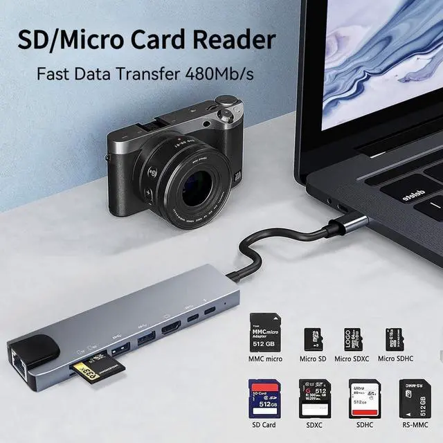 Alt view image 7 of 7 - USB C Hub Multiport Adapter, 8 in 1 USBC Dongle with 4K HDMI, RJ45 Ethernet, 100W PD Charging, USB 3.0, SD/TF Card Reader, USB-C Docking Station for MacBook Pro/Air, Dell, HP and Other Type C Devices