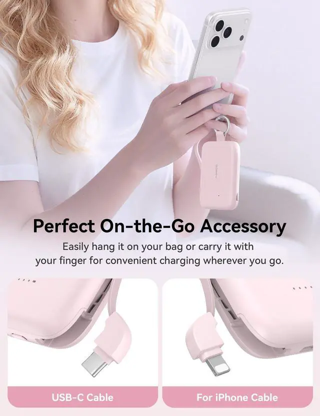 Alt view image 2 of 7 - RORRY Portable Charger, 10000mAh PD 30W Fast Charging Portable Charger Power Bank with Built-in Cables, Travel Keychain Charger Battery Pack for iPhone 17/16/15/14/13/12, for AirPods 2/3/4/Pro, Pink