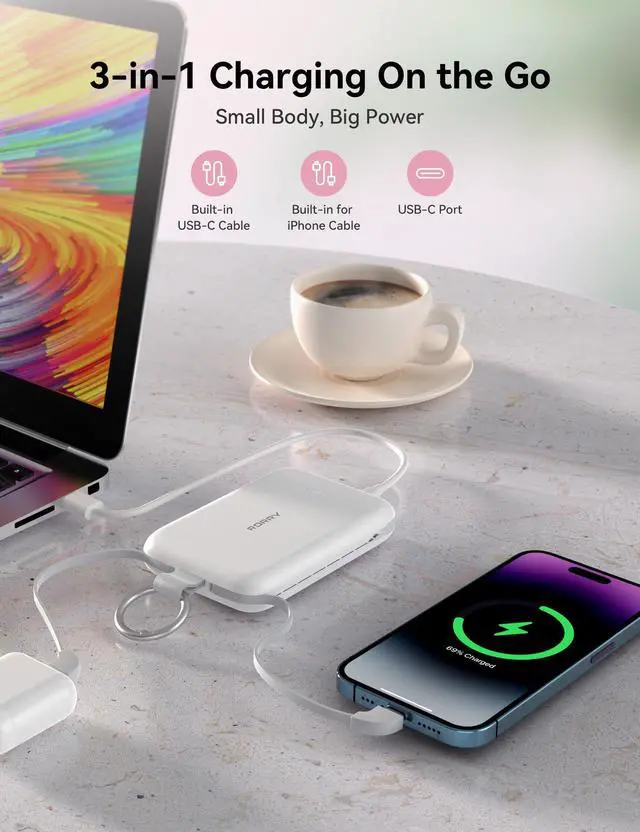 Alt view image 5 of 7 - RORRY Portable Charger, 10000mAh PD 30W Fast Charging Portable Charger Power Bank with Built-in Cables, Travel Keychain Charger Battery Pack for iPhone 17/16/15/14/13/12, for AirPods 2/3/4/Pro, Pink