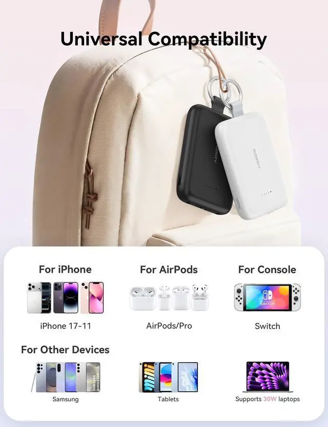 Alt view image 6 of 7 - RORRY Portable Charger, 10000mAh PD 30W Fast Charging Portable Charger Power Bank with Built-in Cables, Travel Keychain Charger Battery Pack for iPhone 17/16/15/14/13/12, for AirPods 2/3/4/Pro, Pink