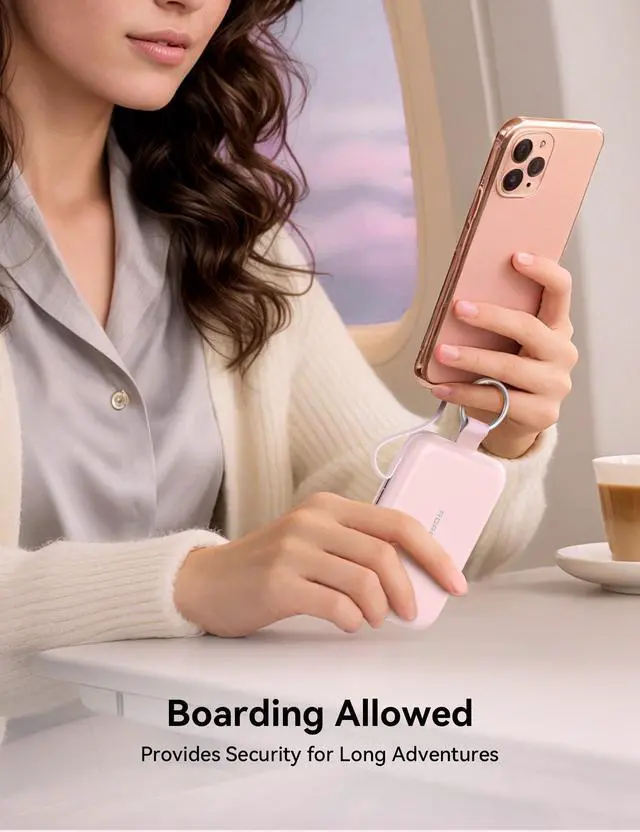 Alt view image 7 of 7 - RORRY Portable Charger, 10000mAh PD 30W Fast Charging Portable Charger Power Bank with Built-in Cables, Travel Keychain Charger Battery Pack for iPhone 17/16/15/14/13/12, for AirPods 2/3/4/Pro, Pink