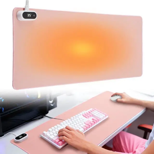 Main image of Large Heated Gaming Mouse Pad Gamer Gifts - 5 Levels Heating & Timed Auto Shut-Off, Heated Desk Pad Mat for Keyboard Winter Gaming Accessories, Christmas for Women Girls, 31.5''x13'' Pink