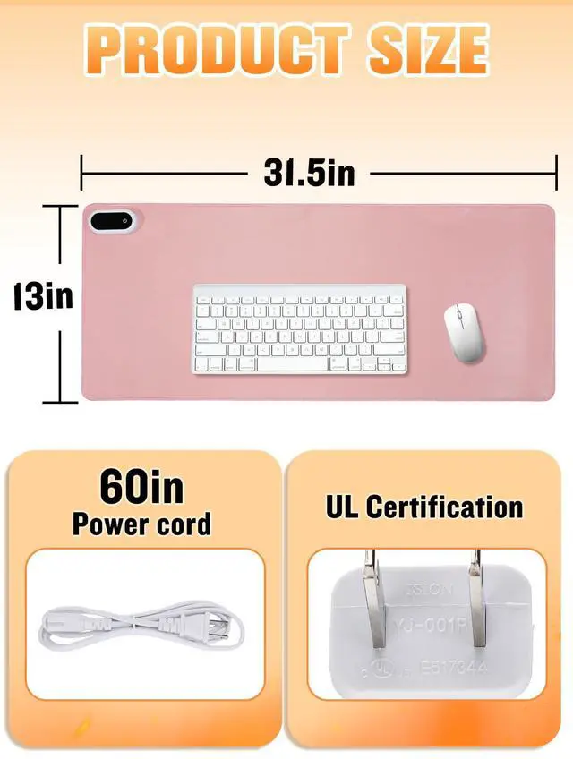 Alt view image 5 of 7 - Large Heated Gaming Mouse Pad Gamer Gifts - 5 Levels Heating & Timed Auto Shut-Off, Heated Desk Pad Mat for Keyboard Winter Gaming Accessories, Christmas for Women Girls, 31.5''x13'' Pink