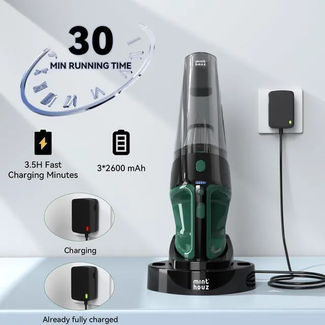 Alt view image 3 of 7 - Minthouz Handheld Vacuum Cordless, Strong Suction Car Vacuum Cleaner with LED Light, Long Runtime Hand Vacuum Cordless Rechargeable, Hand Held Vac with Charging Base for Home/Car/Pet/Office