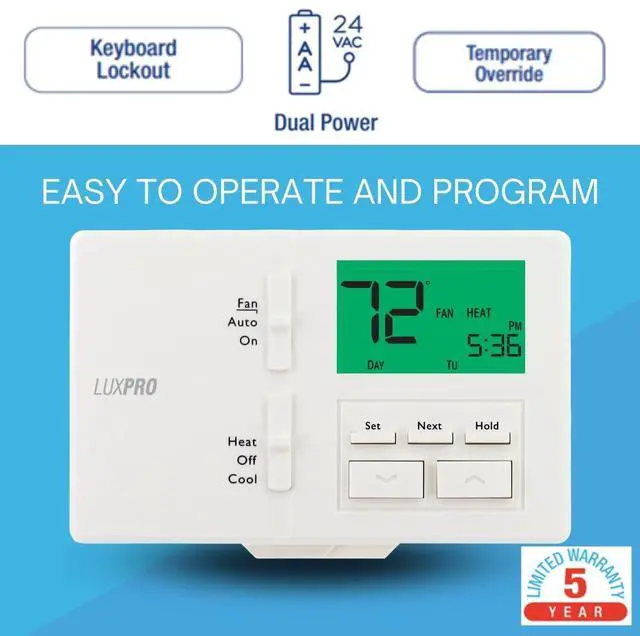 Alt view image 2 of 7 - Lux Pro All in One Non Programmable/Programmable Thermostat; 7 and 5/2 Day Settings for Digital Energy Saving; Multi Stage Heating, AC Systems; Easy DIY, P711-Horizontal, 1 Unit, Batteries Included