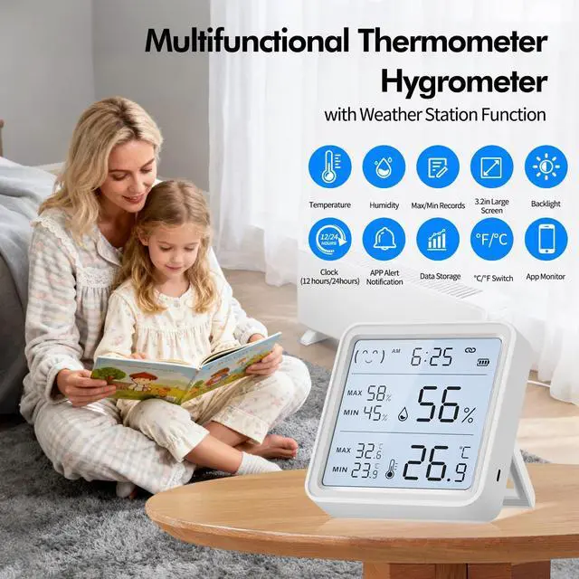 Alt view image 2 of 7 - eMylo WiFi Thermometer Hygrometer, Wireless Indoor Humidity Monitor for Room, Smart Temperature Sensor with App Control, Large LCD Display with Light, Notification Alerts, Free Data Storage Export