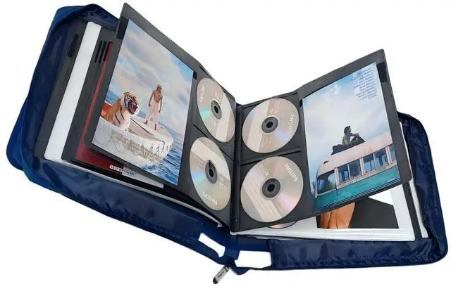 Main image of DVD CD Storage Case with Extra Wide Title Cover Pages for Blu Ray Movie Music Audio Disk (Portable Carrying Binder Holder Wallet Album Home Organizer Shelf )- Blue, 128 disk units, 64 cover pockets