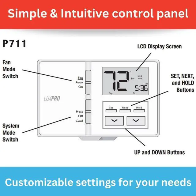 Alt view image 4 of 7 - Lux Pro All in One Non Programmable/Programmable Thermostat; 7 and 5/2 Day Settings for Digital Energy Saving; Multi Stage Heating, AC Systems; Easy DIY, P711-Horizontal, 1 Unit, Batteries Included