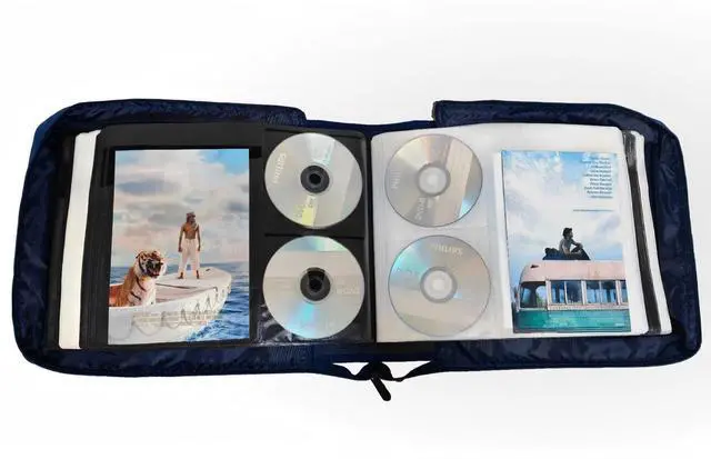 Alt view image 2 of 7 - DVD CD Storage Case with Extra Wide Title Cover Pages for Blu Ray Movie Music Audio Disk (Portable Carrying Binder Holder Wallet Album Home Organizer Shelf )- Blue, 128 disk units, 64 cover pockets