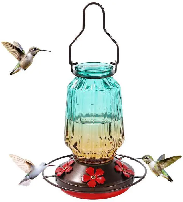 Main image of Glass Hummingbird Feeder for Outdoors Hanging, 16Oz Bird Nectar Feeder with Perch & 5 Flower Feeding Ports, Leak Proof for Outside Garden Decor Backyard, Gifts for Women Mom, Green