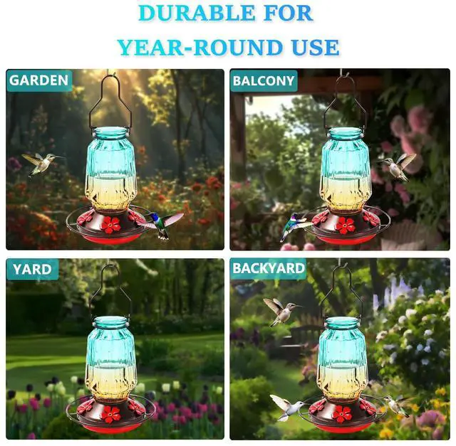 Alt view image 3 of 7 - Glass Hummingbird Feeder for Outdoors Hanging, 16Oz Bird Nectar Feeder with Perch & 5 Flower Feeding Ports, Leak Proof for Outside Garden Decor Backyard, Gifts for Women Mom, Green