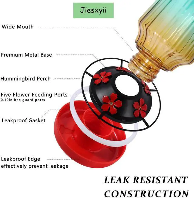 Alt view image 2 of 7 - Glass Hummingbird Feeder for Outdoors Hanging, 16Oz Bird Nectar Feeder with Perch & 5 Flower Feeding Ports, Leak Proof for Outside Garden Decor Backyard, Gifts for Women Mom, Green