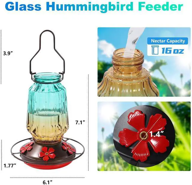 Alt view image 5 of 7 - Glass Hummingbird Feeder for Outdoors Hanging, 16Oz Bird Nectar Feeder with Perch & 5 Flower Feeding Ports, Leak Proof for Outside Garden Decor Backyard, Gifts for Women Mom, Green