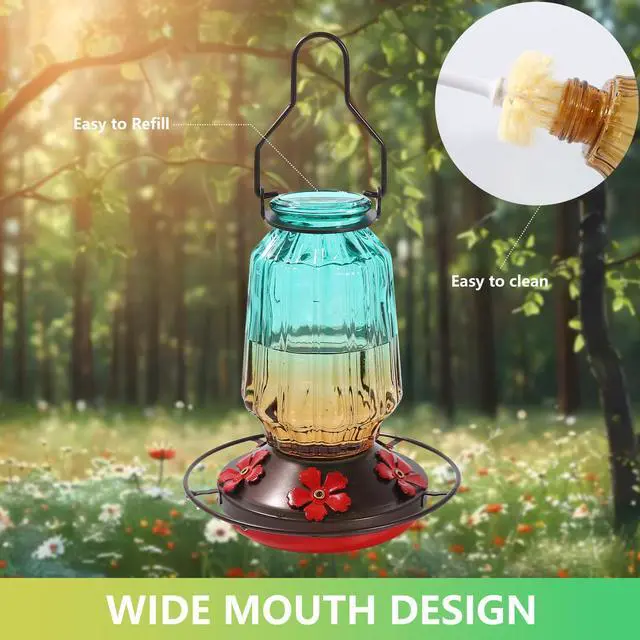 Alt view image 6 of 7 - Glass Hummingbird Feeder for Outdoors Hanging, 16Oz Bird Nectar Feeder with Perch & 5 Flower Feeding Ports, Leak Proof for Outside Garden Decor Backyard, Gifts for Women Mom, Green