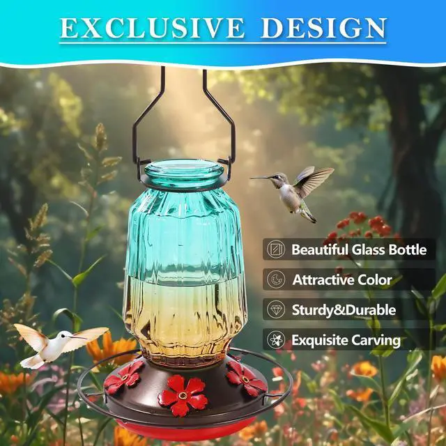 Alt view image 7 of 7 - Glass Hummingbird Feeder for Outdoors Hanging, 16Oz Bird Nectar Feeder with Perch & 5 Flower Feeding Ports, Leak Proof for Outside Garden Decor Backyard, Gifts for Women Mom, Green