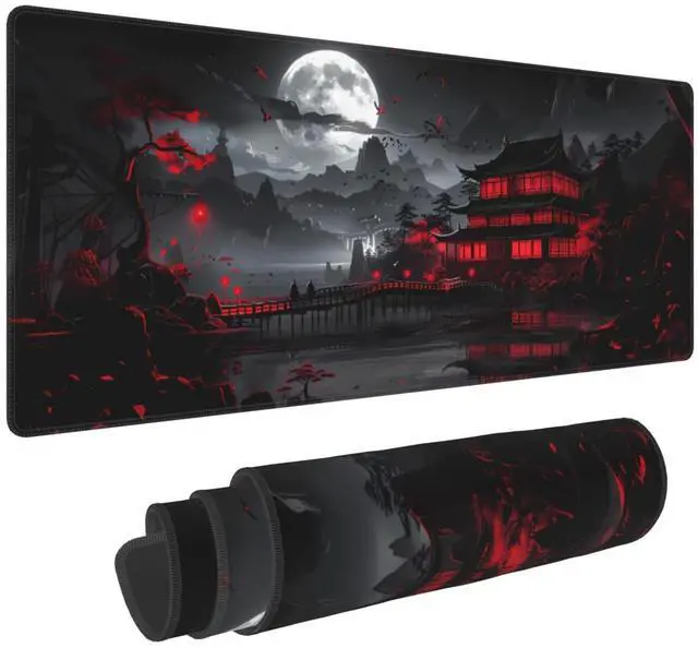 Main image of Black Red Japanese Mouse Pad XL 31.5 X 11.8 Inch Design Style Extended Large Gaming Mousepad Keyboard Full Desk Mat Non-Slip Rubber Base Stitched Edges for Home Office