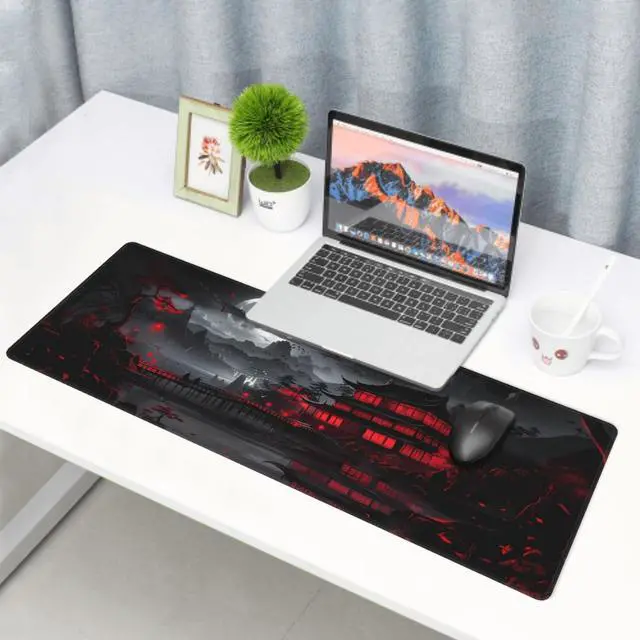 Alt view image 2 of 7 - Black Red Japanese Mouse Pad XL 31.5 X 11.8 Inch Design Style Extended Large Gaming Mousepad Keyboard Full Desk Mat Non-Slip Rubber Base Stitched Edges for Home Office