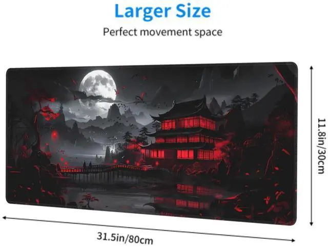 Alt view image 3 of 7 - Black Red Japanese Mouse Pad XL 31.5 X 11.8 Inch Design Style Extended Large Gaming Mousepad Keyboard Full Desk Mat Non-Slip Rubber Base Stitched Edges for Home Office
