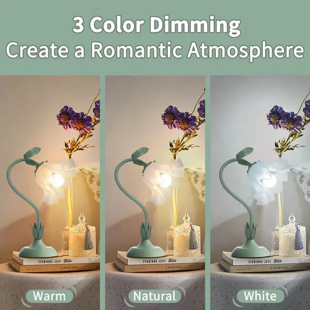 Alt view image 2 of 7 - Women Bedside Table Lamps for Bedroom, Cute Flower Desk Lamp with Adjustable Flexible Gooseneck, 3 Color Temperatures Nightstand Lamp with E26 LED Bulbs, Floral Lamp for Living Room, Office,Reading