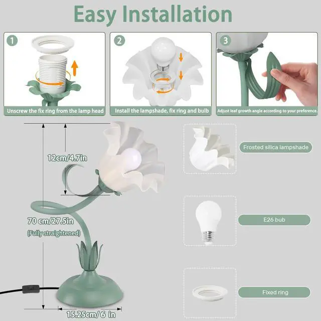 Alt view image 6 of 7 - Women Bedside Table Lamps for Bedroom, Cute Flower Desk Lamp with Adjustable Flexible Gooseneck, 3 Color Temperatures Nightstand Lamp with E26 LED Bulbs, Floral Lamp for Living Room, Office,Reading