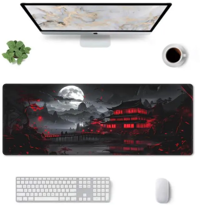 Alt view image 7 of 7 - Black Red Japanese Mouse Pad XL 31.5 X 11.8 Inch Design Style Extended Large Gaming Mousepad Keyboard Full Desk Mat Non-Slip Rubber Base Stitched Edges for Home Office