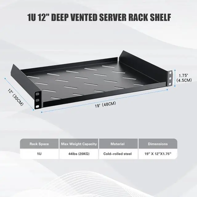 Alt view image 2 of 6 - 1U Server Rack Shelf, 12" Mounting Depth, Vented Rack Mount Shelf Cantilever Tray for 19" Equipment Racks and Cabinet, Weight Capacity 44lb, Black, 2PCS