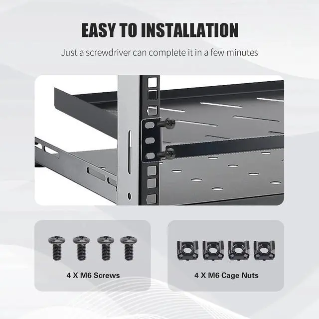 Alt view image 4 of 6 - 1U Server Rack Shelf, 12" Mounting Depth, Vented Rack Mount Shelf Cantilever Tray for 19" Equipment Racks and Cabinet, Weight Capacity 44lb, Black, 2PCS