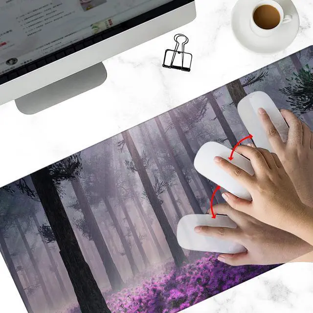 Alt view image 5 of 7 - Gaming Desk Mat Large, Purple Misty Forest Extended Mousepad,Non-Slip Rubber Mouse Pad Stitched Edges,Desktop Decorative Accessories for Home Office 31.5" x 15.7"