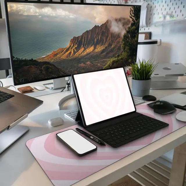 Alt view image 7 of 7 - Large Gaming Mouse Pad, Full Keyboard Mat, Long Laptop Mousepad, Computer Mouse Mat for Home and Office, Anti-Slip Rubber Base, 31.5 x 11.8 Inches (Pink Loving Heart)