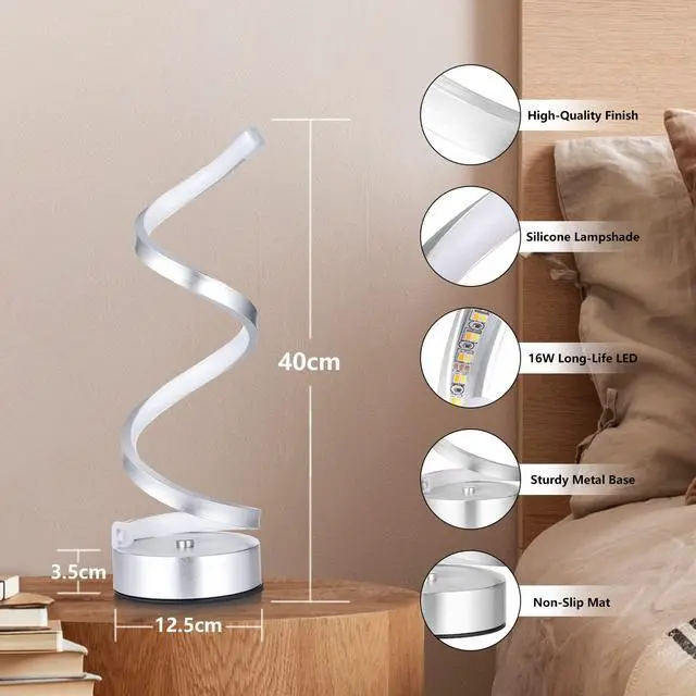 Alt view image 7 of 7 - NUÜR Infinity Spiral LED Table Lamp, Dimmable Metallic Bedside Lamp with Touch Controller, 3 Colour Temperature, 15.8 Inch Height, Decorative Lamp for Home, Living Room & Office (Silver)