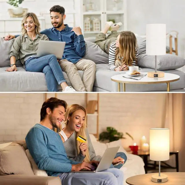 Alt view image 6 of 6 - AKASUKI Table Lamp for Bedroom, 3 Way Dimmable Touch Lamp with Dual Charging Station, Small Bedside Lamps for Night Stands, Living Room, Office(LED Bulb Included)