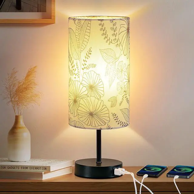Main image of CINSARY Touch Control Bedside Lamp with 2 USB Ports, 3-Way Dimmable Table lamp for Bedroom, Nightstand Lamp with Round Flower Fabric Shade for Living Room Home Office (E26 LED Bulb Included)