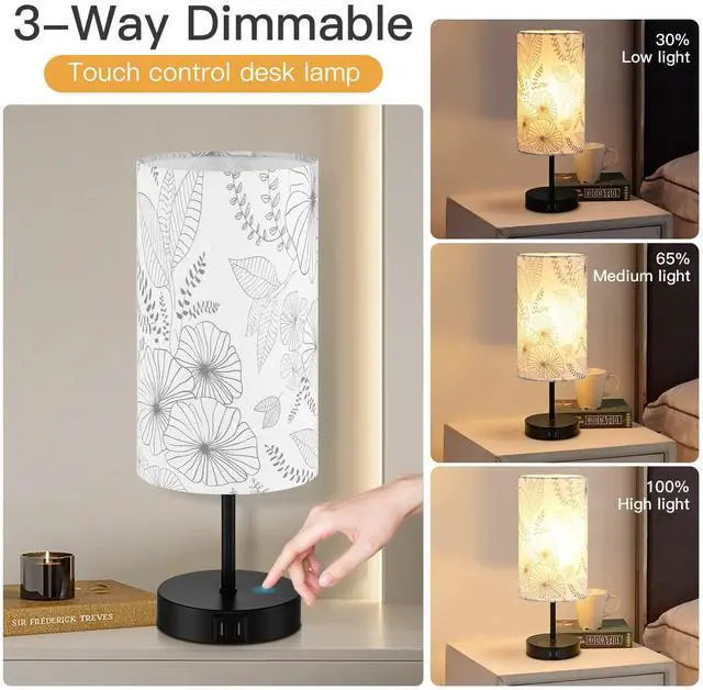 Alt view image 2 of 7 - CINSARY Touch Control Bedside Lamp with 2 USB Ports, 3-Way Dimmable Table lamp for Bedroom, Nightstand Lamp with Round Flower Fabric Shade for Living Room Home Office (E26 LED Bulb Included)