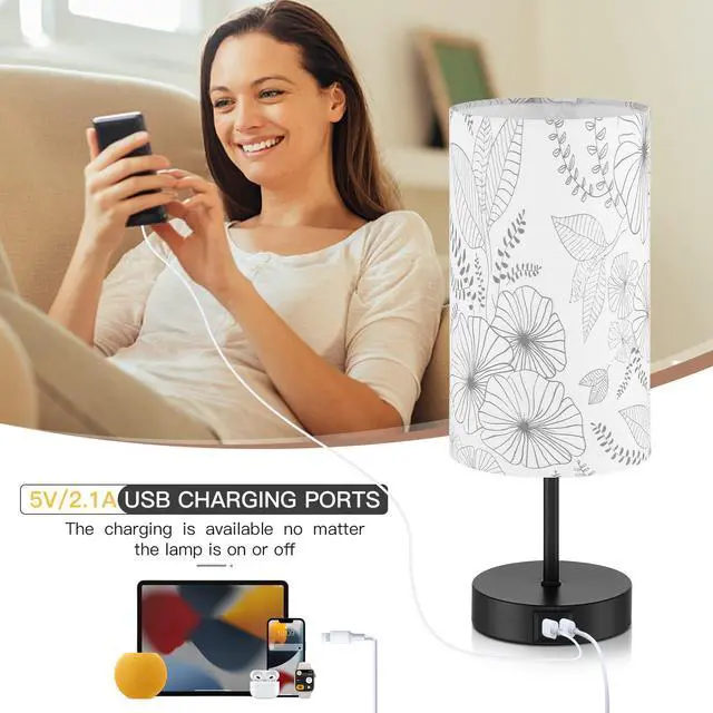 Alt view image 3 of 7 - CINSARY Touch Control Bedside Lamp with 2 USB Ports, 3-Way Dimmable Table lamp for Bedroom, Nightstand Lamp with Round Flower Fabric Shade for Living Room Home Office (E26 LED Bulb Included)