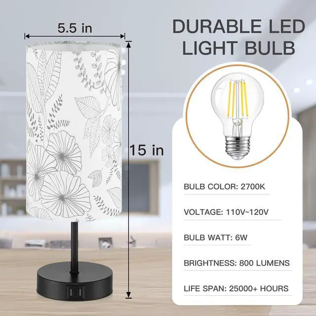 Alt view image 5 of 7 - CINSARY Touch Control Bedside Lamp with 2 USB Ports, 3-Way Dimmable Table lamp for Bedroom, Nightstand Lamp with Round Flower Fabric Shade for Living Room Home Office (E26 LED Bulb Included)