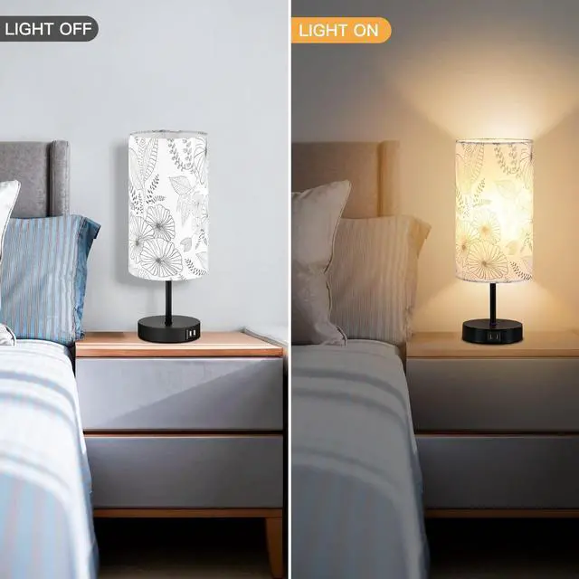 Alt view image 6 of 7 - CINSARY Touch Control Bedside Lamp with 2 USB Ports, 3-Way Dimmable Table lamp for Bedroom, Nightstand Lamp with Round Flower Fabric Shade for Living Room Home Office (E26 LED Bulb Included)