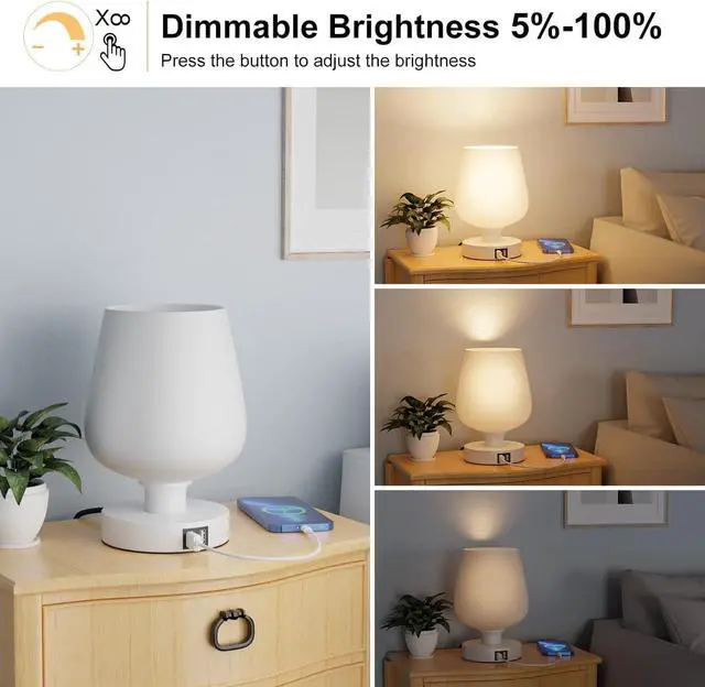 Alt view image 3 of 6 - DAWNTECH Touch Bedside Table Lamp with 2 USB Ports - 3 Way Dimmable Modern Small Lamps for Bedroom Living Room Nightstand, Desk Lamps with White Opal Glass Lamp Shade, Warm LED Bulb, Bulb Included