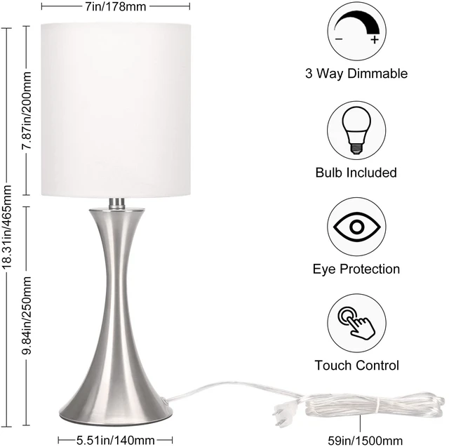 Alt view image 2 of 7 - Touch Control Table Lamp, 3-Way Dimmable Desk Lamp, Bedside Reading Light Small Lamp with White Shade and Silver Base, Nightstand Lamp for Living Room, Bedroom, Dorm, Office, 3000K LED Bulb Included