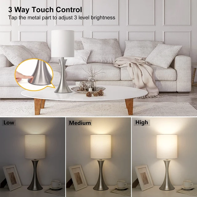 Alt view image 3 of 7 - Touch Control Table Lamp, 3-Way Dimmable Desk Lamp, Bedside Reading Light Small Lamp with White Shade and Silver Base, Nightstand Lamp for Living Room, Bedroom, Dorm, Office, 3000K LED Bulb Included